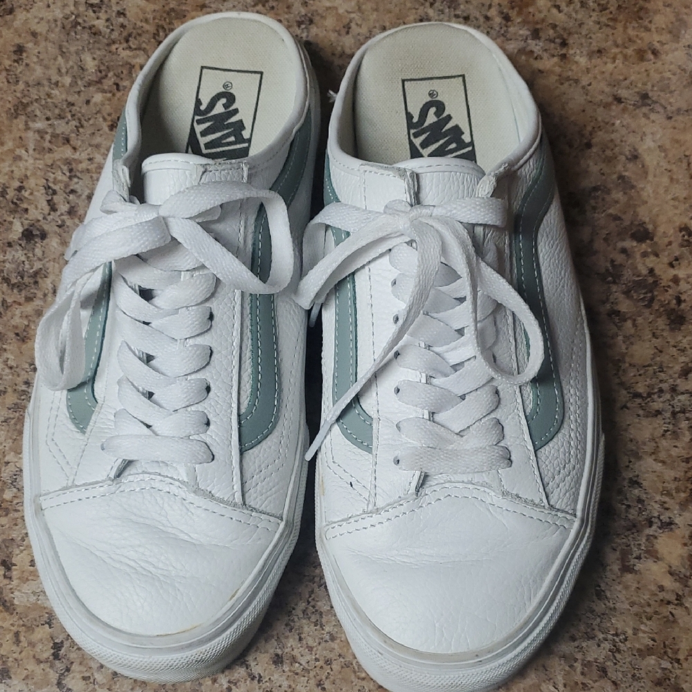 Vans White Low-Top Sneakers with Sage Green Side Stripe